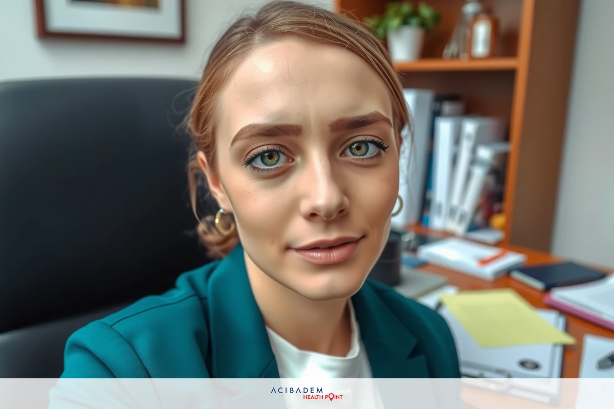 The image shows a woman seated in an office environment. She appears to be dressed in professional attire, including a green blazer and white shirt. Her expression is neutral.