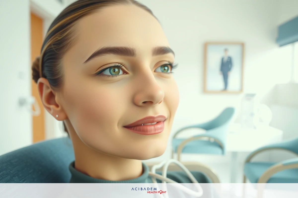 A woman with light eyes and blonde hair is sitting in an office environment. She is wearing a dark top and has an attentive expression on her face..