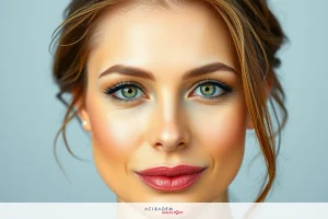 The image showcases a young woman with a neutral expression, highlighting her symmetrical features. Her makeup is well-applied, featuring defined eyebrows and long eyelashes that contribute to a polished appearance.