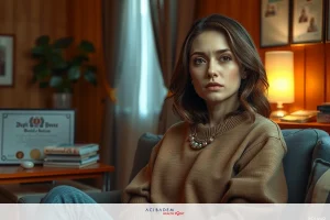 The image features a woman sitting on the edge of a couch, wearing a beige sweater. She appears to be in an indoor setting with wooden flooring and a fireplace visible.