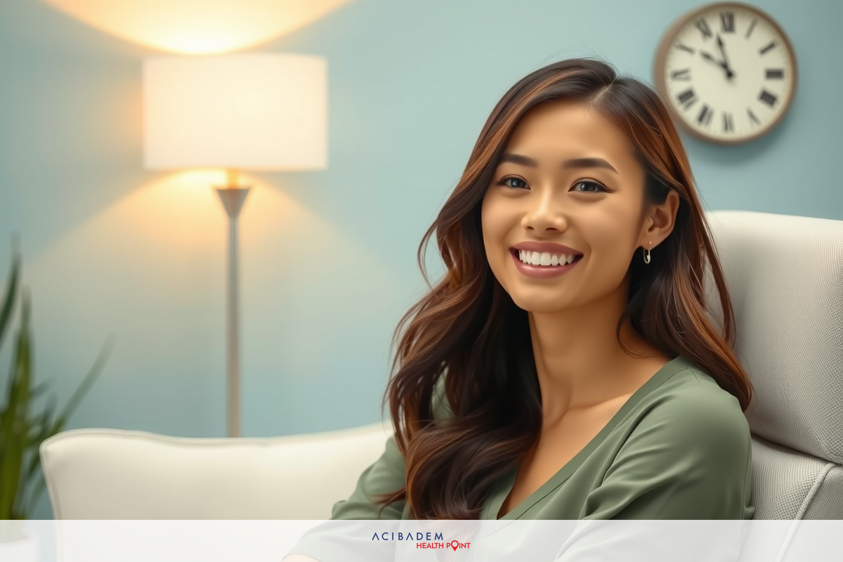 Smiling young woman in a casual setting, looking at the camera with a slight smile, wearing a light green top and sitting on a white couch against a blue wall.