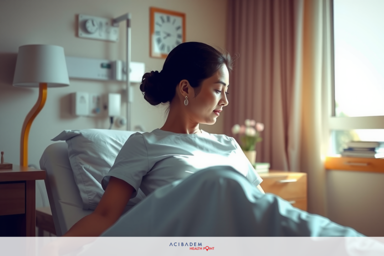 How Long Before Rhinoplasty Swelling Goes Down A woman lying in a hospital bed, looking towards the window with a contemplative expression. The room has a warm tone and is equipped with medical equipment.