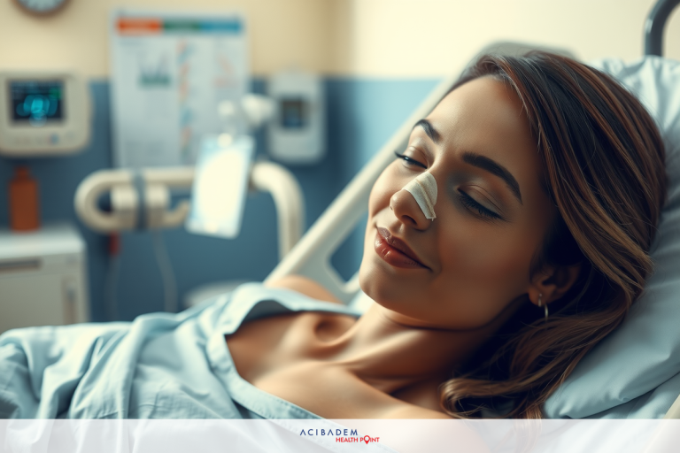 How Much Does Rhinoplasty Cost in Melbourne The image shows a woman lying on her back in a hospital bed. She is wearing an tape over her nose, suggesting that she may be receiving medical treatment or recovering from rhinoplasty.