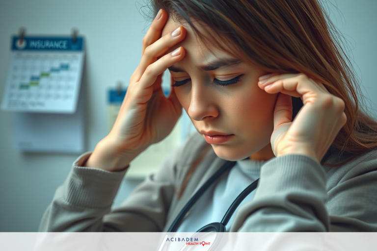 The image shows a young woman in a medical setting, holding her head with both hands. She appears to be experiencing discomfort or stress. The background includes medical supplies and documents, suggesting a clinical environment.
