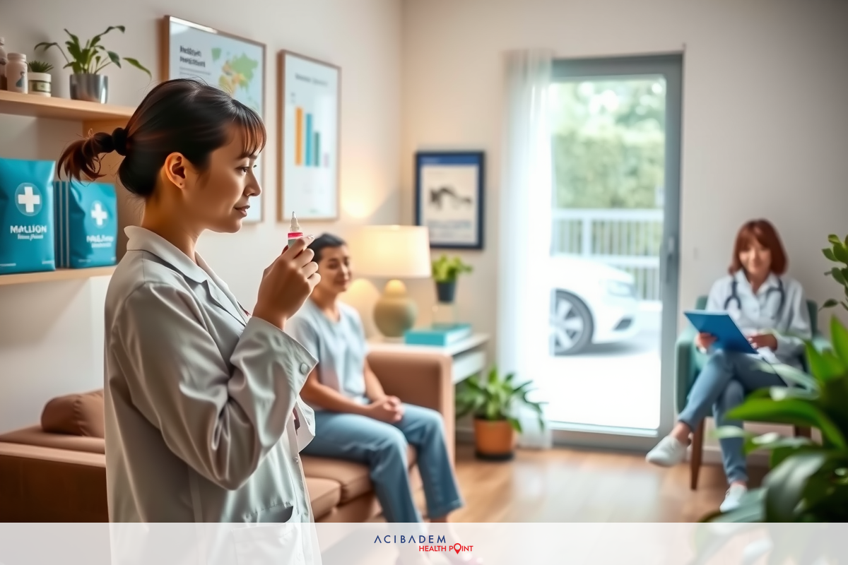 Three women in a modern office environment, one holding a clipboard. Office setting with plants, furniture and professional attire. This scene suggests a meeting or review session in the context of healthcare or research.