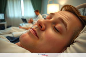 In the image, a man is seen lying in a hospital bed, looking into the camera with an expression of concern on his face. The environment suggests a medical setting with various pieces of equipment and monitors visible in the background.