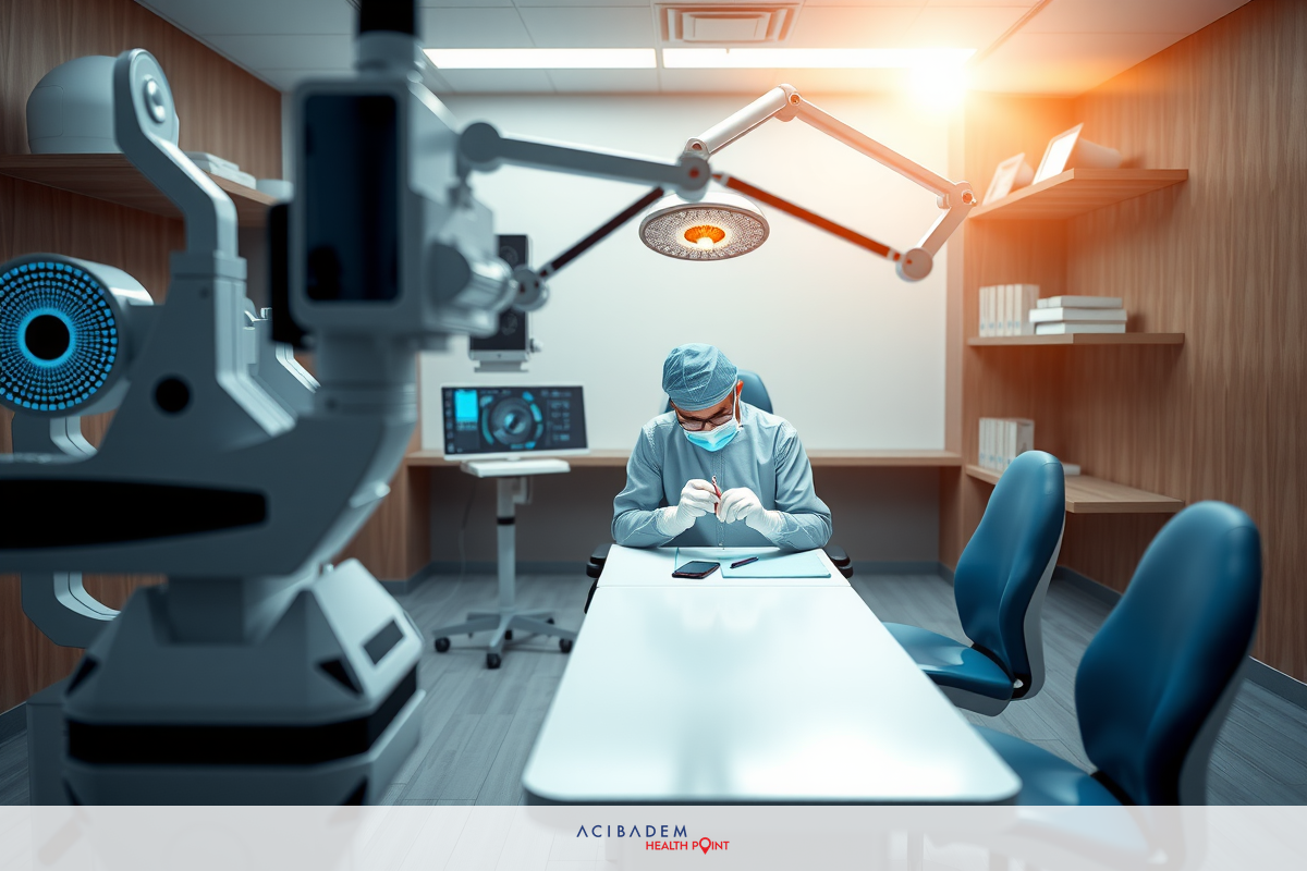 The image depicts a modern medical operating room. A surgeon sits under surgical lights surrounded by medical equipment. The room has a sterile environment with stainless steel surfaces and bright overhead lighting. Robotic arms are visible, suggesting the advanced technology used in this environment.