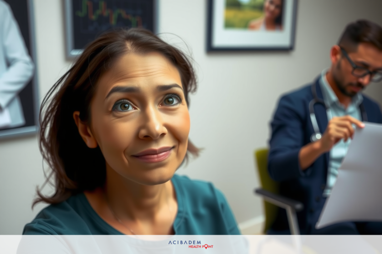 The image portrays an indoor setting, likely a doctor's office. There are two people present: a man sitting and a woman standing.