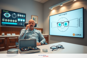The image shows a man sitting at a desk in an office environment. He is wearing glasses and appears to be focused on the content displayed on the large screen in front of him. The screen displays medical images, possibly related to ophthalmology or vision technology, given the reference to 'eye' laser surgery.