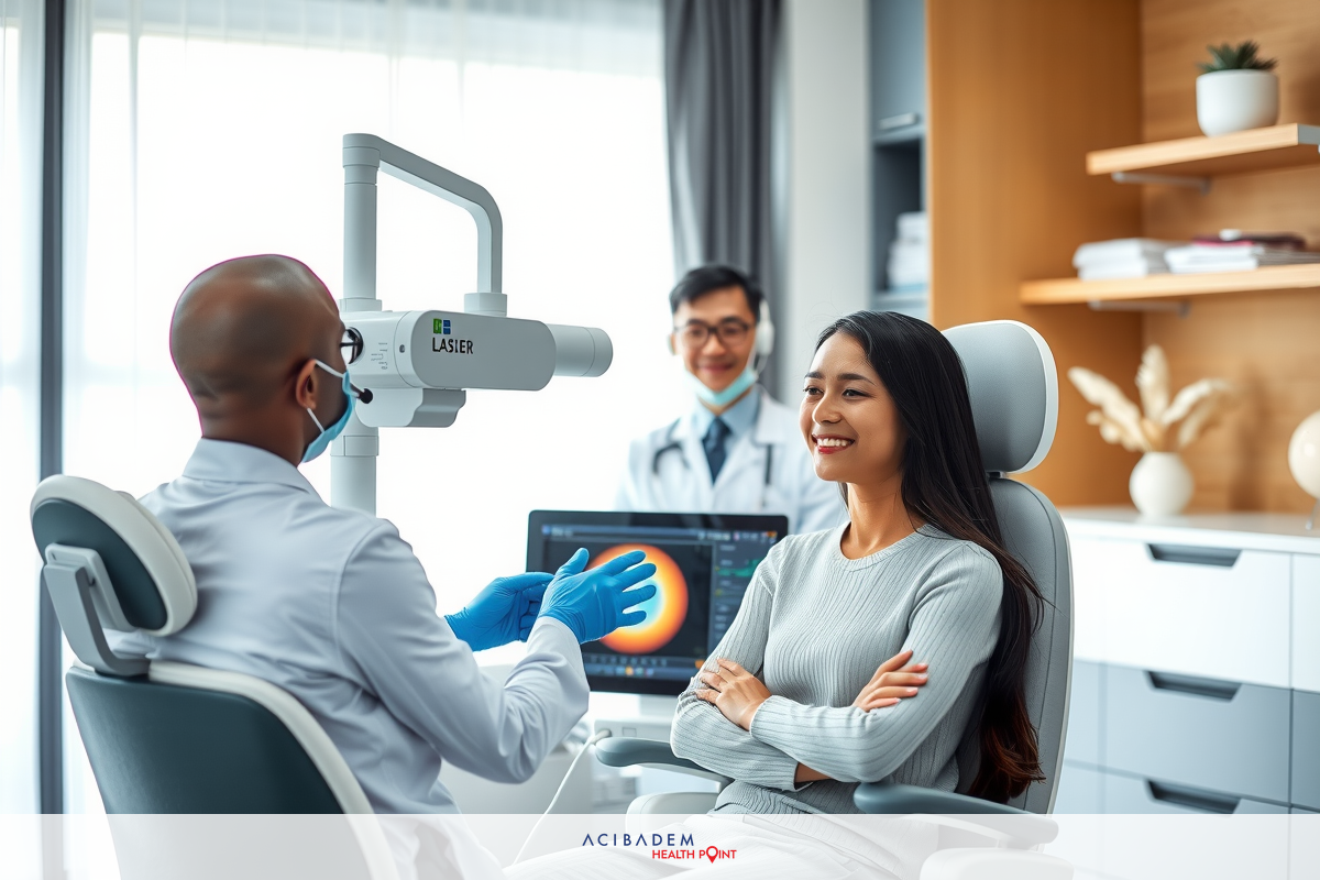 The image depicts a professional medical setting with two doctors and a patient. One doctor is seated, wearing gloves. The patient is smiling, indicating a friendly atmosphere. The office has modern equipment and technology visible in the background.