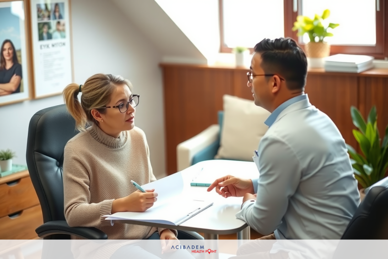 How Much Is Standard LASIK Surgery for Two Eyes The image depicts a professional environment with two individuals engaged in conversation. The woman is seated at a table, holding a notebook and pen, indicating that she may be taking notes or preparing to do so. She appears focused on the discussion with the man standing next to her. Both are dressed in formal attire suitable for a business setting. The room has an office-like ambiance with modern furniture and framed photographs on the wall.