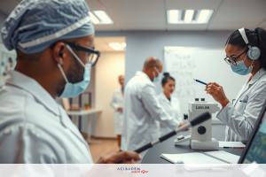 This is a photograph of a medical or scientific laboratory setting. In the image, we see several individuals who appear to be scientists or doctors, engaged in what seems to be an analysis task. The environment suggests a clinical or research-focused space with equipment and workstations designed for detailed examination of specimens or materials. The lighting in the room is bright.