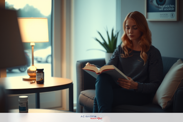 A woman in a modern living room, engaged in reading a book. She is seated comfortably on a sofa with her legs crossed. The environment suggests a cozy and relaxed atmosphere. The lighting appears warm, possibly from lamps or candles not visible in the image.