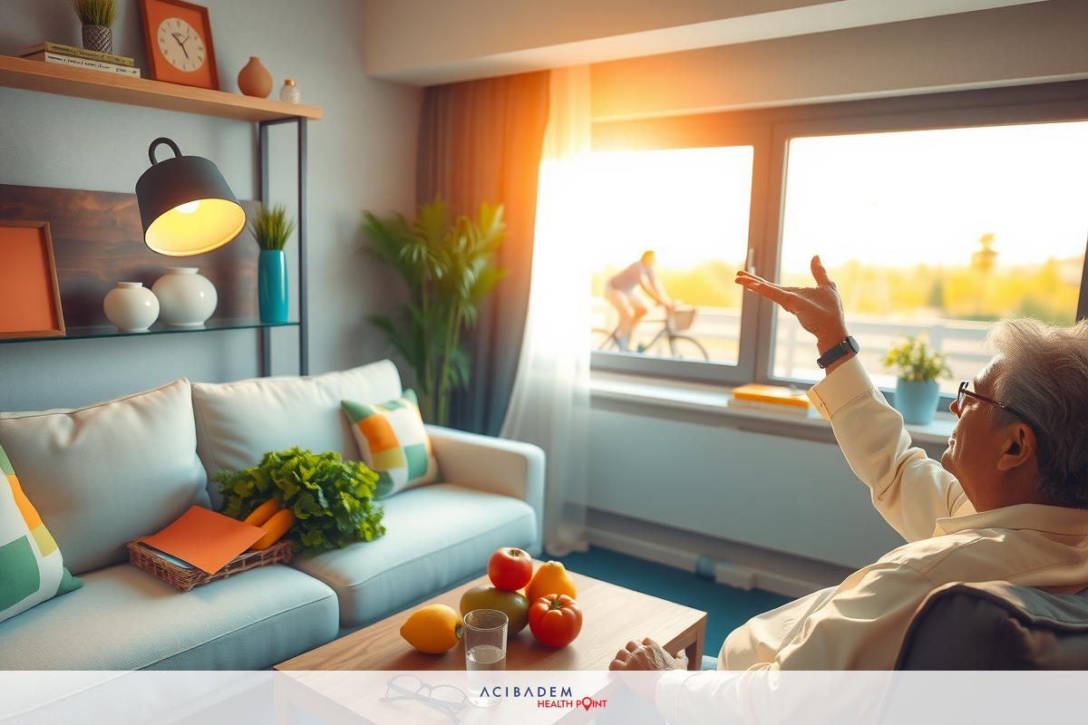 The image depicts a modern, well-lit living room. The main focus is on the elderly woman seated comfortably on a couch. She appears to be enjoying the sunlight streaming in from a large window, possibly watching something outside. Nearby, there's a coffee table with a few items including a cup and some fruit like oranges and apples, adding a homey feel. The room is brightly lit, suggesting natural light entering through the windows.