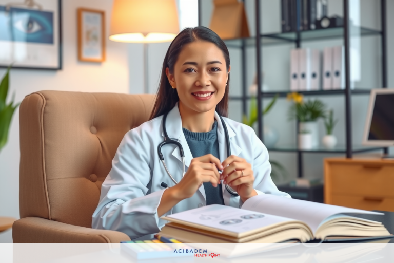 How Bad Must Eyes Be for LASIK Smiling woman wearing white doctor's coat sitting in an office chair, surrounded by medical books and a computer monitor.