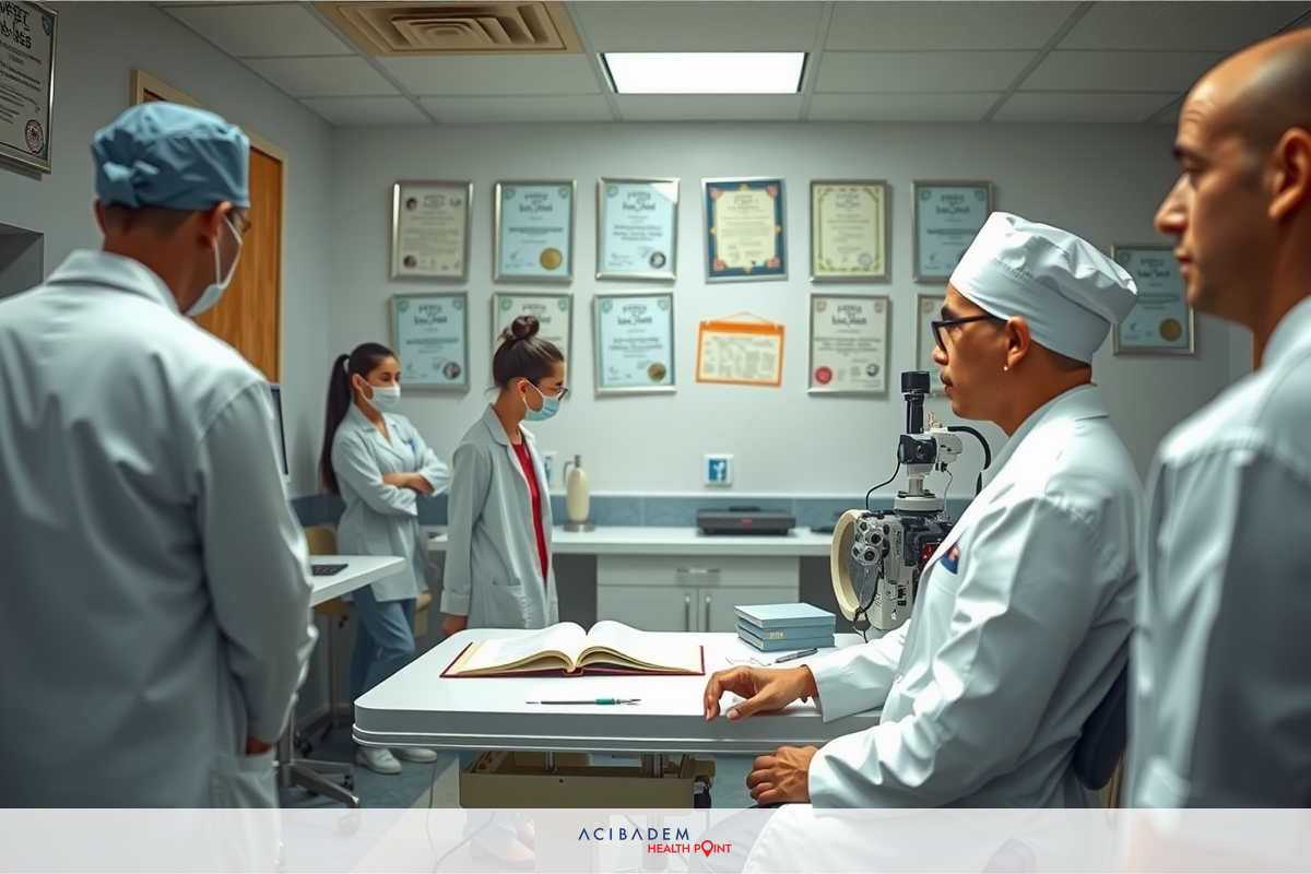 Medical professionals in a hospital setting. They are in white coats focused on medical records and equipment.