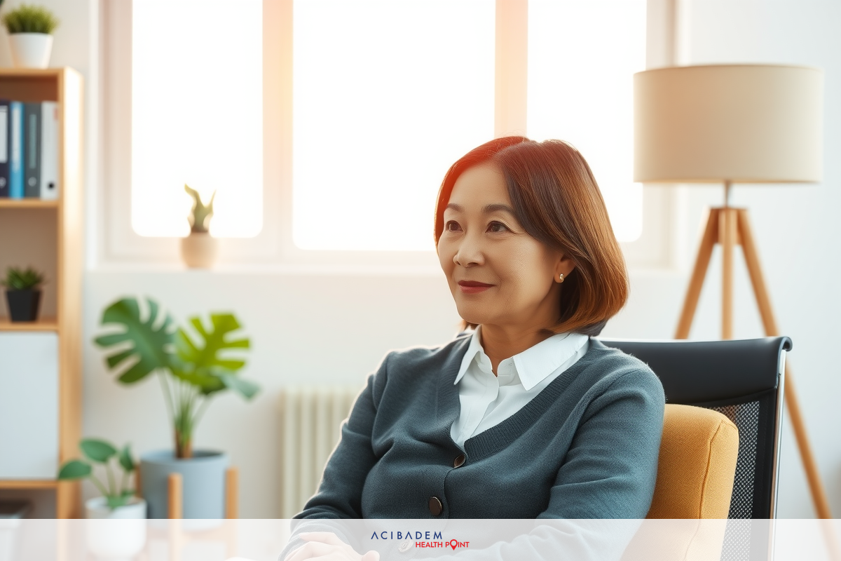 Asian business woman in smart office setting, sitting comfortably, exuding confidence and professionalism. The room is brightly lit, with modern furniture and plants that create a relaxed yet sophisticated ambiance.