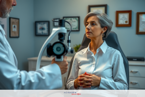 In an office setting, a doctor wearing a white coat is examining the eyes of a patient seated on a medical chair. The doctor appears to be using a specialized device for eye exams. The environment is professional with medical posters and books displayed on the wall.