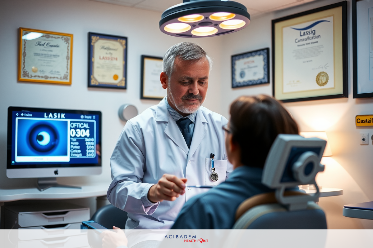 In a medical office setting, a doctor in a white coat is conducting an eye examination. The patient is seated a examination chair.