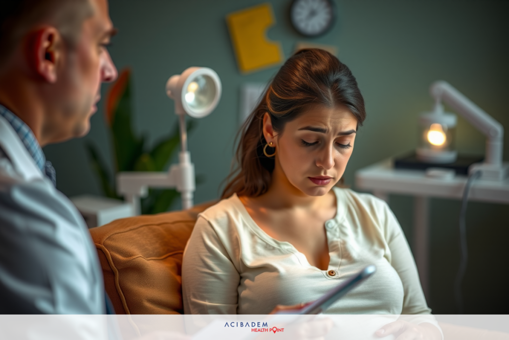 Can You Do Laser Eye Surgery While Pregnant A man in a medical coat is talking to a woman who is sitting on a couch. The woman appears distressed, possibly receiving bad news or a medical diagnosis from the doctor.