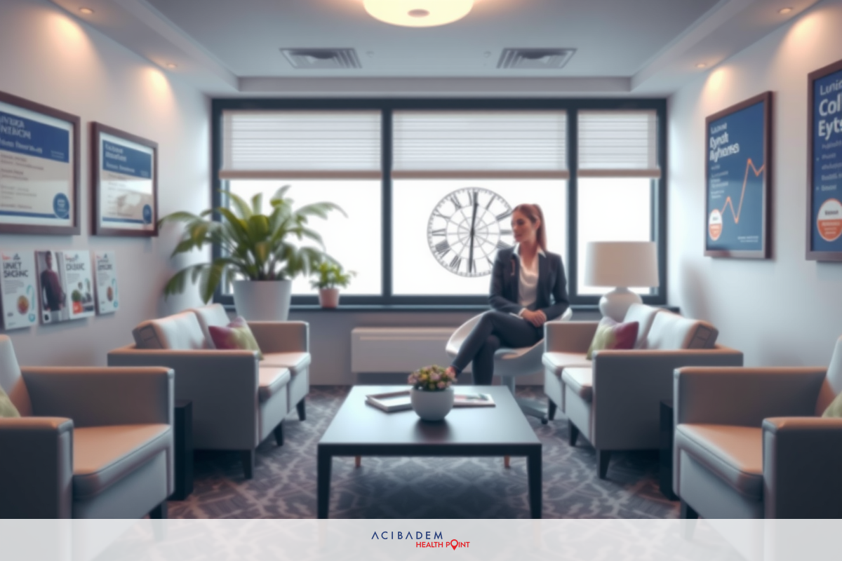 The image depicts a well-lit modern office lobby. A professional woman is seated on one of several comfortable chairs and couches arranged around a coffee table with books and magazines, suggesting a relaxed environment within a corporate setting.