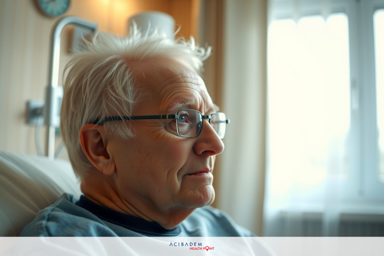 The image shows an older gentleman seated in a hospital room. He is wearing glasses and appears to be looking towards something with a concerned or contemplative expression on his face.