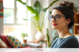 A woman wearing glasses is seated in a comfortable living room. She appears to be looking off to the side with a neutral expression. The room has bright, natural lighting and cozy furnishings.