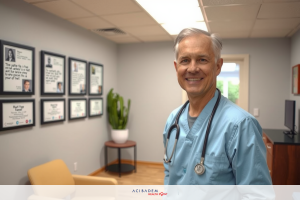 A smiling male doctor in a medical office wearing a blue lab coat. He is standing and appears to be posing for the photo.