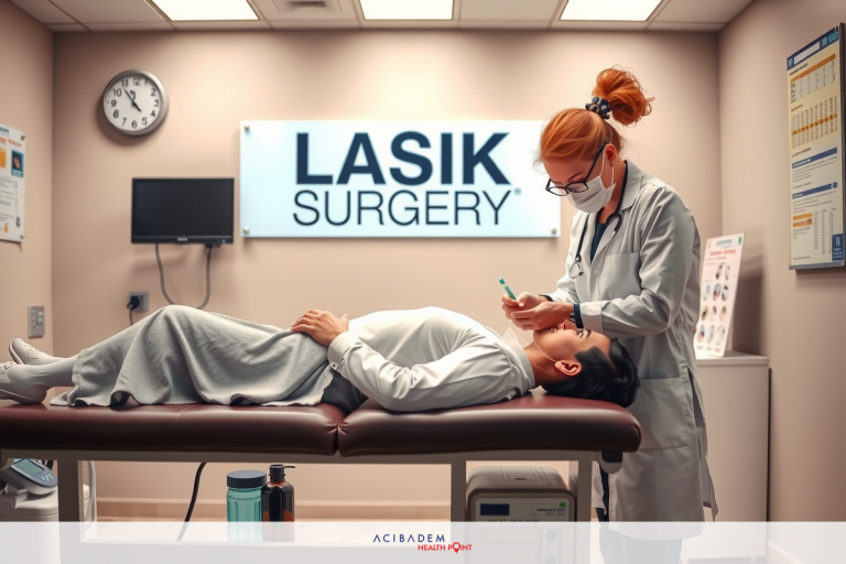 A woman in medical scrubs is providing a service at a LASIK eye surgery center. She is using an instrument on a patient who is lying down. The environment suggests a professional, clean, and well-lit setting with clinical equipment.
