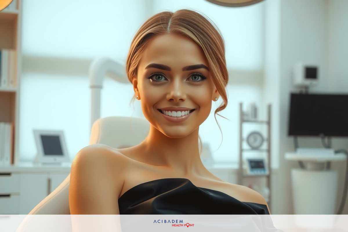 The image features a smiling woman with natural makeup sitting in a modern medical office. She is wearing a black strapless top and her hair is styled straight down.