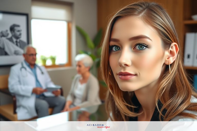 How Much is Rhinoplasty in NC A beautiful, young woman with a neutral expression is seated across from two older individuals who appear to be doctors. They are in an office setting with typical doctor's office decor and professional attire.