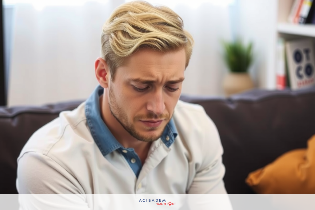 Man is sitting on couch looking down, appearing deep in thought. He has fair skin and blond hair. Behind him are a wall with books, a potted plant, and a white shade over the window that suggests daylight outside.