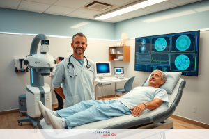 The image shows a medical setting with two individuals. A healthcare professional is standing next to an older men who is lying down on a hospital bed. Both are wearing scrubs and appear to be engaged in a clinical examination or consultation.
