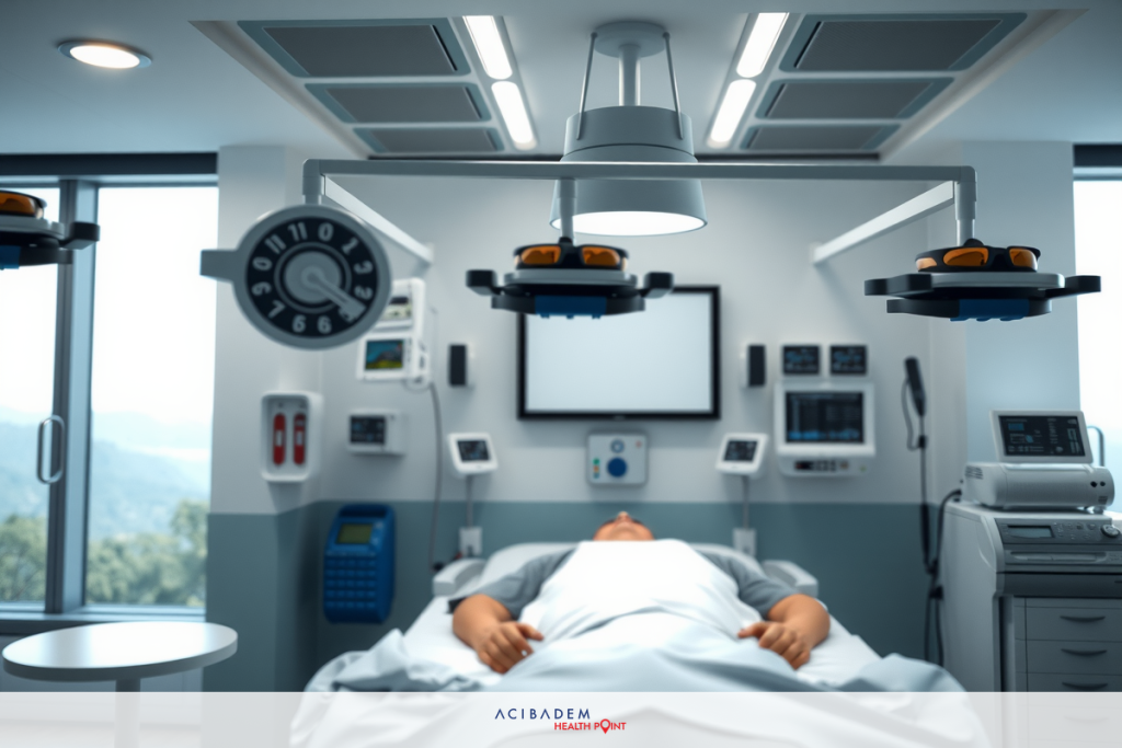 Modern hospital operating room with a patient on the bed. The room is well-equipped, with medical monitors and machines around, and natural light coming through the windows.