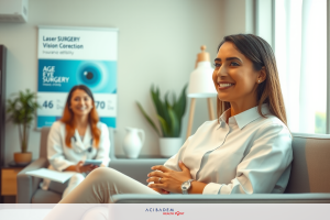 Two women in a professional office setting, engaged in conversation. One woman is smiling and seated on a couch. The environment suggests a clinical or medical facility.