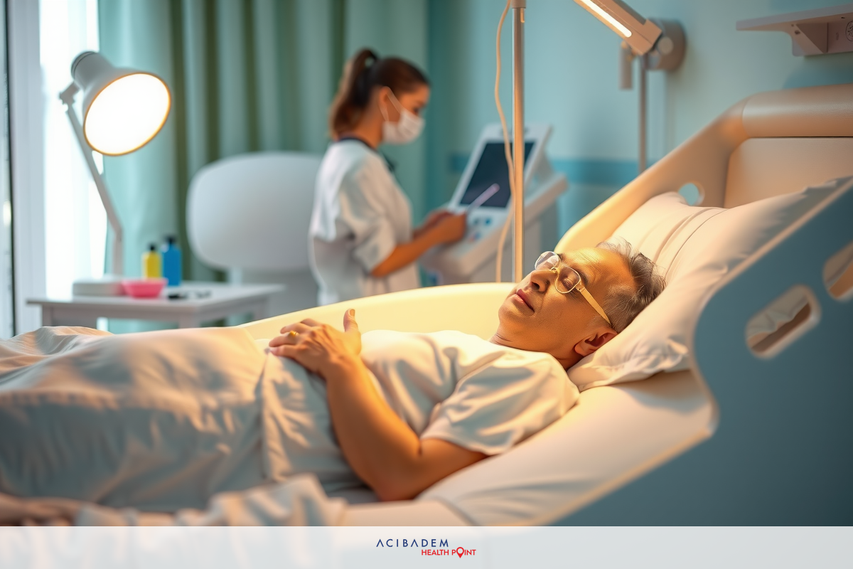 The image shows a hospital environment. An elderly man is lying in a hospital bed, looking upwards with an expression of concern or worry. He is wearing medical attire. A healthcare professional stands beside the bed, possibly taking care of him. The room has typical hospital equipment and lighting.