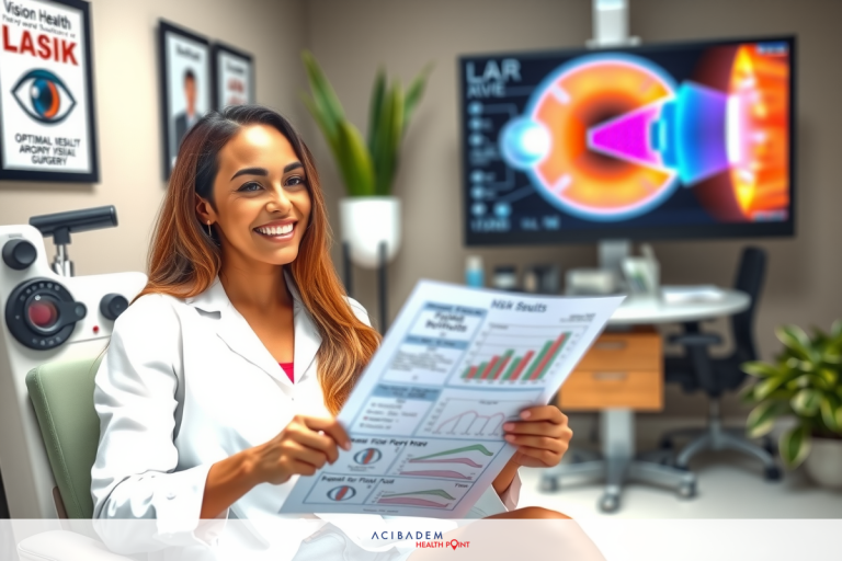 The image features a woman seated at a desk in an office setting. She is holding what appears to be a tablet or document and smiling. Behind her, there is a large screen displaying some sort of medical data or images. The environment suggests a professional office atmosphere.