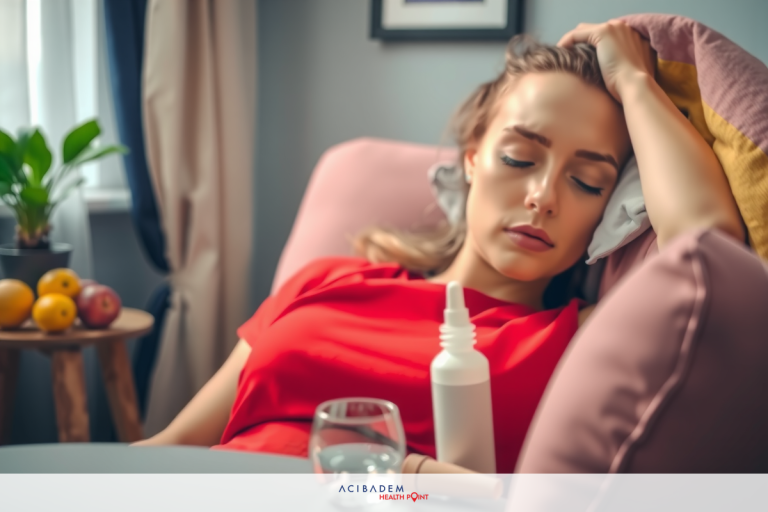A woman is lying on her side, resting with her head supported by her hand. She is in a domestic setting with soft lighting and a casual atmosphere. The focus is on her relaxed posture and the gentle presence of objects around her like a plant, a bowl, and some bottles. Her clothing is simple and comfortable, suggesting that she might be home or in a private space.