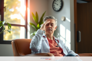 The image depicts a middle-aged man in a medical setting. He is seated on a couch, holding his forehead with one hand, indicating a moment of thoughtfulness or concern. His attire consists of professional medical clothing suitable. The room has a comfortable and lived-in ambiance, with wooden flooring and natural light coming from a large window illuminating the scene.
