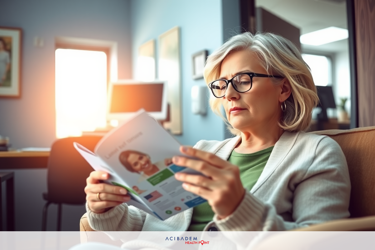 This image shows a middle-aged woman sitting comfortably on a couch. She is reading a magazine that features an advertisement with an accompanying photo. The setting appears to be a well-lit room, possibly a living room or a waiting area in a professional building, as indicated by the office furniture and lighting.