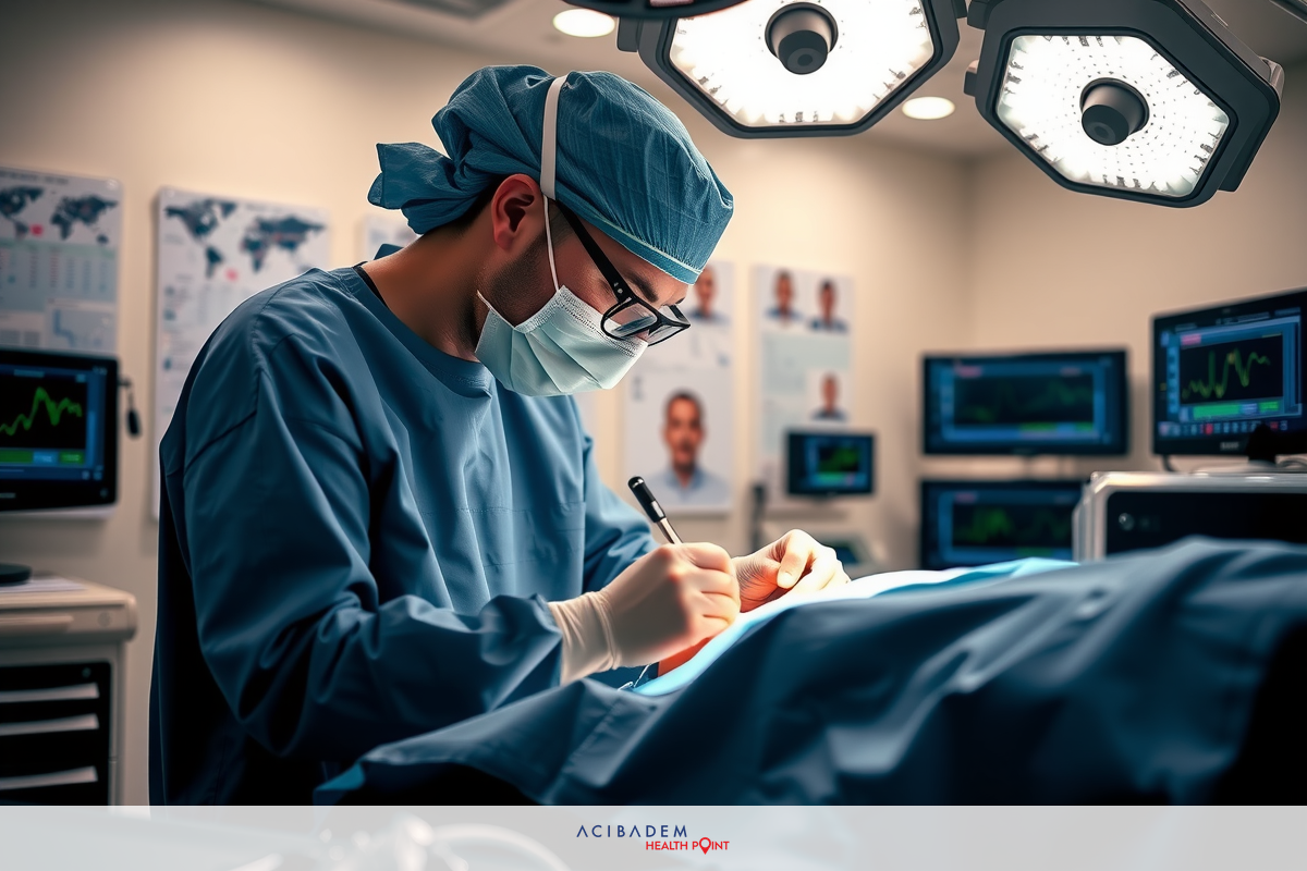 The image depicts a surgical setting with a medical professional wearing surgical attire including scrubs and a surgical mask. A patient is lying at an operating table, which is equipped with medical monitors and instruments typically used in a hospital or clinic.