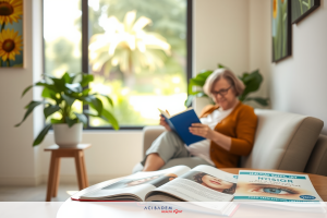 An elderly woman is sitting comfortably on a couch, engrossed in reading a book with blue and orange hues. She appears to be enjoying her time in the warm and cozy indoor setting.