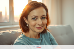 A woman is seated comfortably on a couch, smiling gently with her head slightly tilted. She has dark hair and wears a light blue top. The environment suggests an indoor setting with soft natural light filtering through windows to the left.
