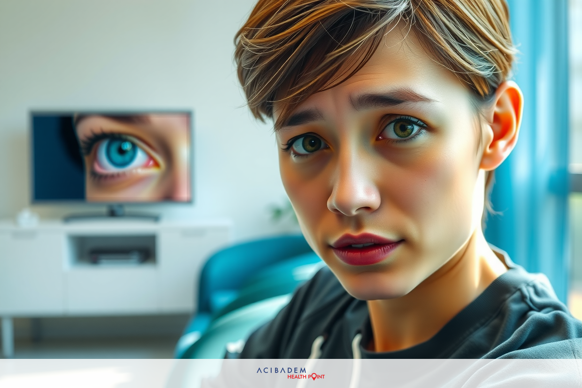 This is a close-up of a person with short hair, looking towards the camera. They have makeup on their eyes and lips.