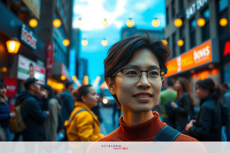 The image features a person standing on a busy street. The individual is wearing glasses and has short hair, giving off an air of modernity and urban life. They are wearing a red sweater which stands out against the backdrop of the city. The background includes brightly lit store signs and neon lights, suggesting that this might be a popular shopping or entertainment district in the evening hours.
