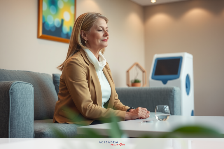 The image depicts a professional setting with a woman sitting on a couch. She is dressed in business attire, wearing a suit and a blouse, and appears to be focused on something outside of the frame. There's a coffee table in front of her. The environment suggests a corporate office or meeting room.