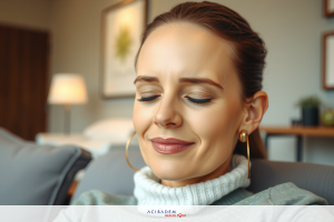 The image shows a woman sitting in an indoor setting, likely a living room or study. She is smiling and closing her eyes with one hand on her face. The lighting is soft and ambient.