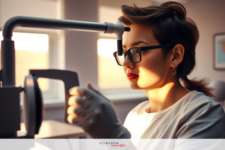 The image shows a woman in a lab environment, wearing protective gloves and glasses. She appears to be conducting an examination or medical procedure using a piece of equipment that is part of the diagnostic machinery.