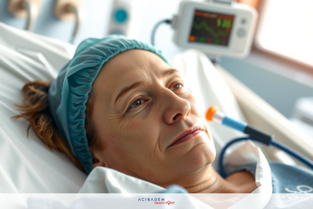 The image shows a woman in a hospital bed, likely during a medical procedure. She is wearing a surgical gown and has medical equipment attached to her body, indicating that she is undergoing treatment or recovery.