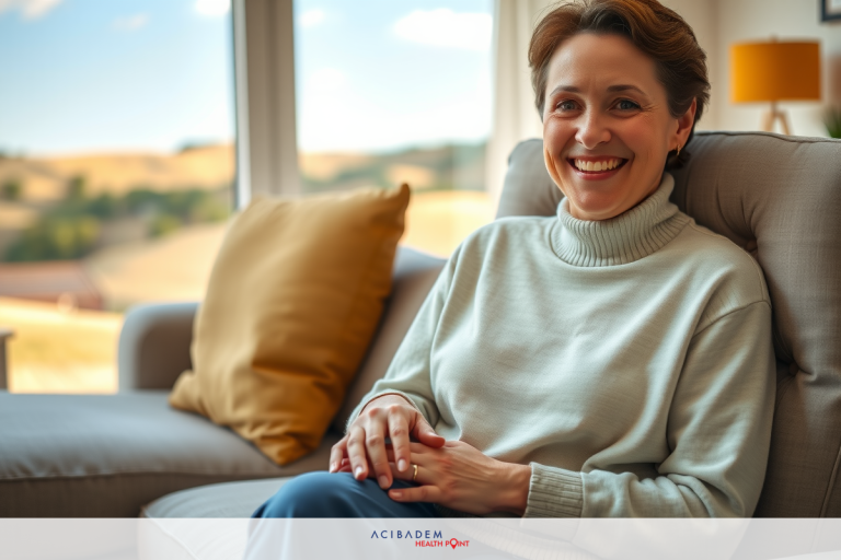 Smiling woman sitting on a couch in a living room, wearing a gray sweater and blue pants. The room has large windows showing a view of hills or mountains.